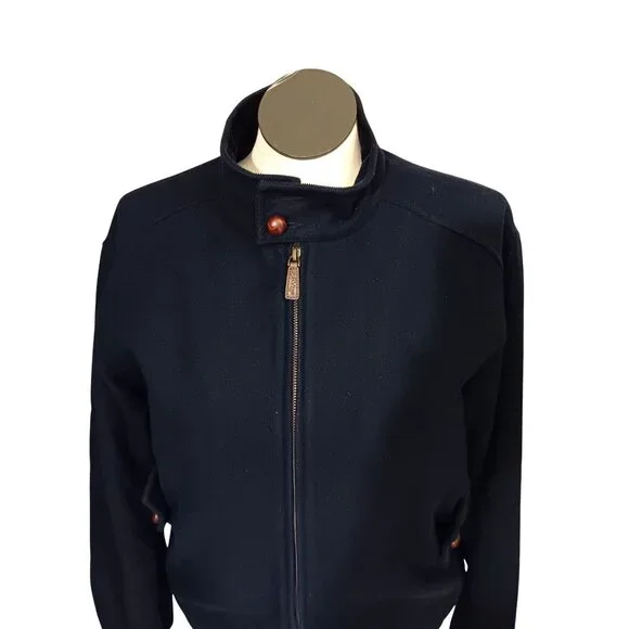 Orvis Jacket Navy Blue Wool Blend Bomber Mens L Tartan Plaid Lining Button Coat